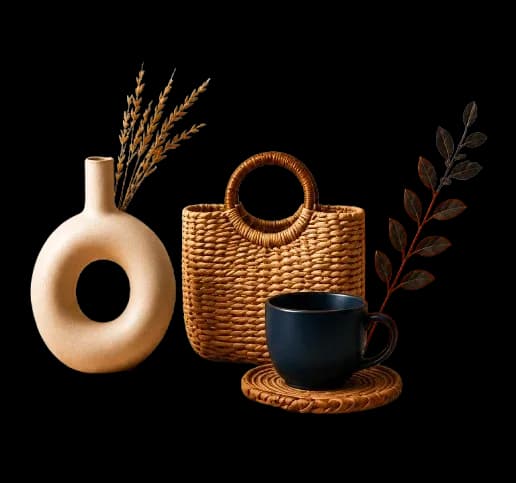 Handmade vase, woven basket bag and ceramic mug styled on linen cloth